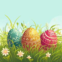 Three Easter Eggs in Grass With Daisies
