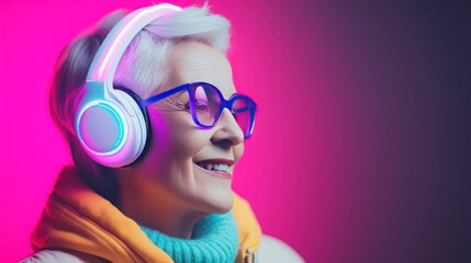 Portrait of happy senior woman with headphones listening to music on pink background. Hipster. Music Streaming Service Concept with Copy Space.