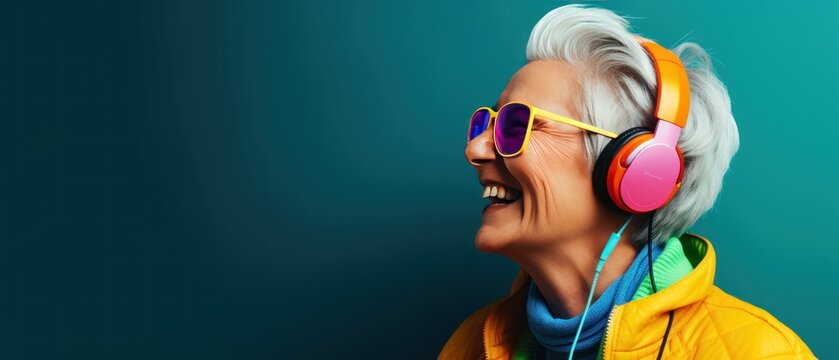 Happy senior woman with headphones listening to music. Portrait of a beautiful middle-aged woman with gray hair and sunglasses. Music Streaming Service Concept with Copy Space.