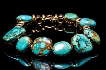 Exquisite necklace with large turquoise stones close up on the black background