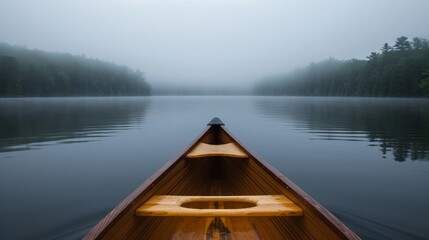 Bow of a canoe in the morning on a misty lake in Ontario, Canada.    - obrazy, fototapety, plakaty