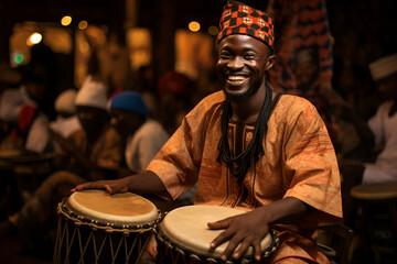 An African male drummer, adorned in colorful attire, skillfully plays the drum - obrazy, fototapety, plakaty