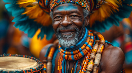 An African male drummer dressed in a colorful outfit plays the drum - obrazy, fototapety, plakaty