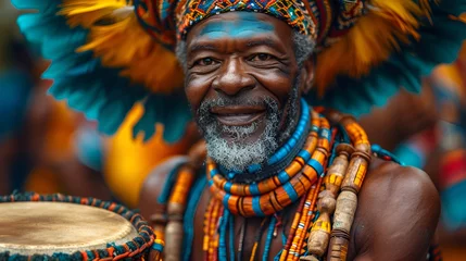 Fotobehang An African male drummer dressed in a colorful outfit plays the drum © Alina