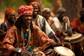 African men drummers, dressed in vibrant attire, energetically playing their drums - Powered by Adobe