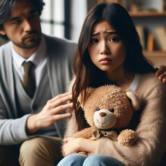 Psychotherapy session. A young depressed desperate woman in consultation with a professional psychologist. Holding teddy bear. Psychological health. Treatment interview. Generative AI