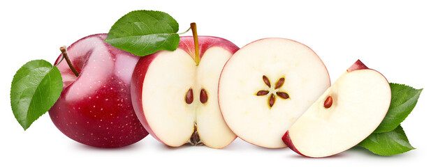 Red apple with leaves isolated