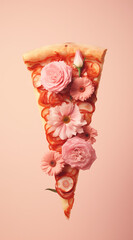 Slice of pizza with flowers.Minimal creative food concept.Top view,flat lay,copy space.Generative AI