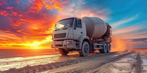 Cement truck machine at sunset