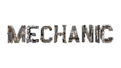 Letters of the word mechanic metallic typography, built with mechanical parts steampunk style isolated on white background