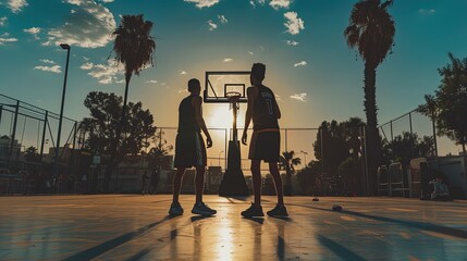 Silhouette of two young basketball players playing basketball on the court, ai generative