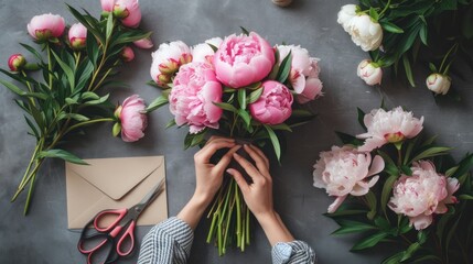 Florist at work: pretty woman making summer bouquet of peonies on a working gray table. Kraft paper, scissors, envelope for congratulations on the table. View from above. Flat lay composition.   