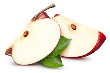 Red apple and green leaves isolated on white background