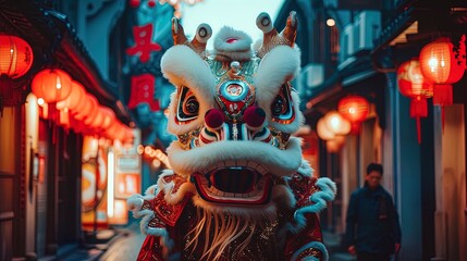 Chinese lion dance in the streets, ai generative