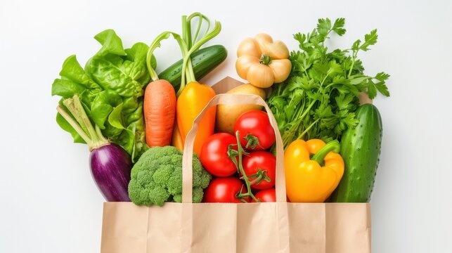 Fresh vegetables in paper shopping bag on white background   