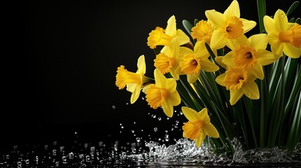 Yellow daffodils on a black background with water splashes, ai generative