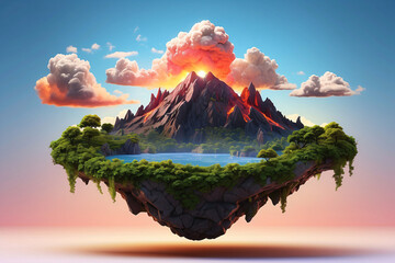 3d floating island with volcano