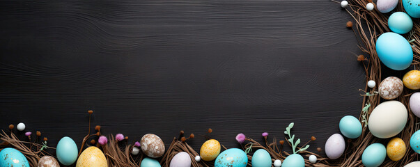 Easter Wreath of Eggs and Twigs on Black Background