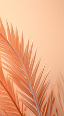 Peachy  Palm leaf on pastel pink background with copy space. Tropical summer concept. Minimal flat lay