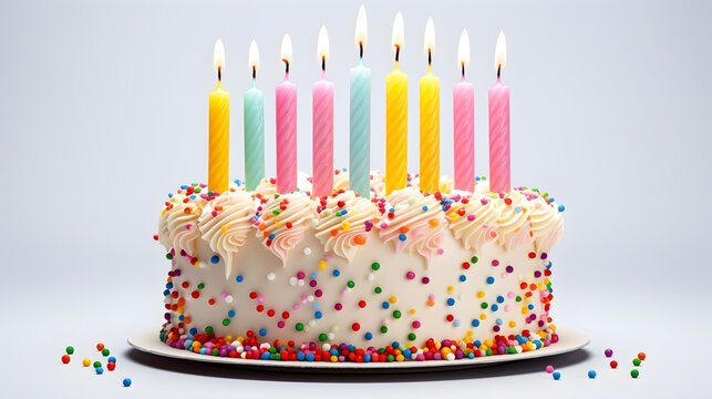 colorful birthday cake with candles. isolated on white background