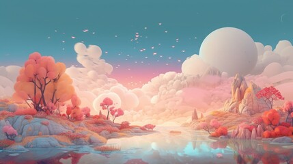 beautiful fantasy landscape background illustration with lake,mountain view, sky and trees