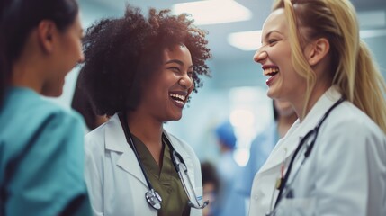 Happy multiracial female physicians looking at each other in hospital   