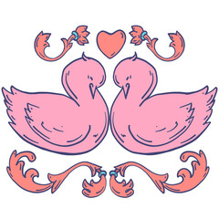 Two birds in love with Victorian era style decorative elements. Composition for Valentine's day and wedding greeting cards.