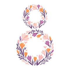 The number eight is made with a floral pattern of crocuses. Vector illustration. Banner, card, invitation for international women's day