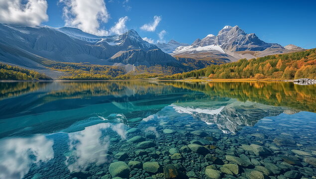 Hyper Realistic painting of Lake and mountains reflection in water, Stunning winter landscape, A serene mountain lake mirroring the snow-capped peaks.  Stunning photo. Generated AI.