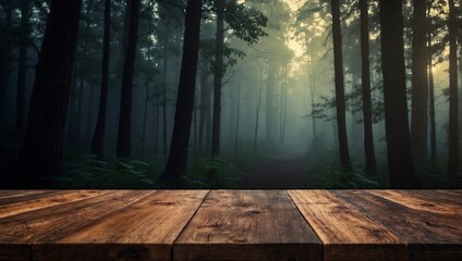 Empty Wooden Table Background Blurred Dark Foggy Forest, Wooden Table