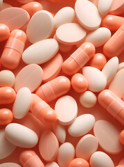 pills and capsules.Minimal creative medical and health concept.Top view,copy space,flat lay.Trendy social mockup .Generative Ai