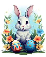 White Rabbit Resting Among Easter Eggs in Grass