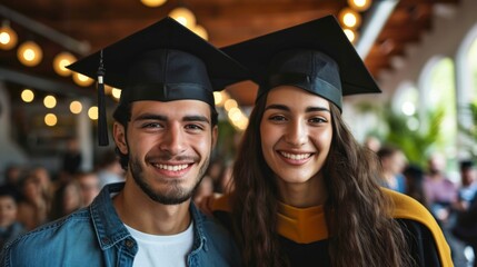 Fototapeta premium minimalist vivid advertisment background with handsome couple in graduation cap and copy space