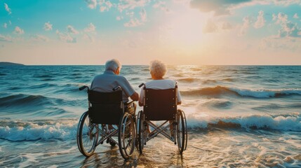 Senior man on wheelchair enjoying together time with his wife at sea.    - obrazy, fototapety, plakaty