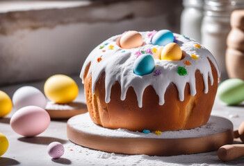 Fototapeta na wymiar delicious easter kulich with glazed icing sugar and little colored eggs