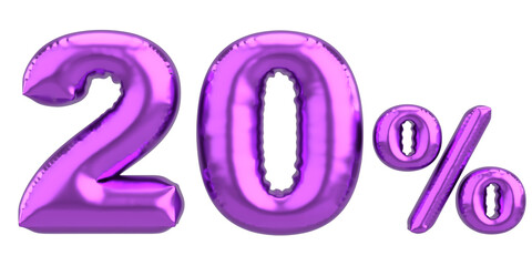 Twenty percent. 20% balloon text. 3D illustration.