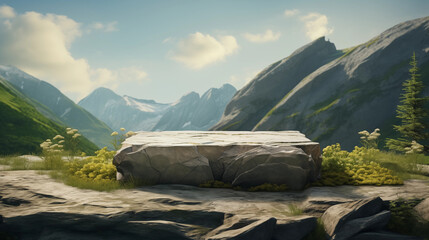Stone podium on the background of mountain scenery. Product placement. Generative AI