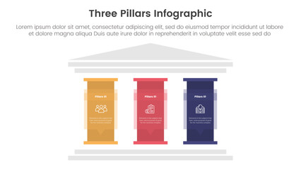 three pillars framework with ancient classic construction infographic 3 point stage template with big pillar with text description for slide presentation