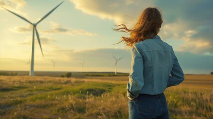 Naklejka na ściany i meble Woman with hand in pocket looking at wind turbine 
