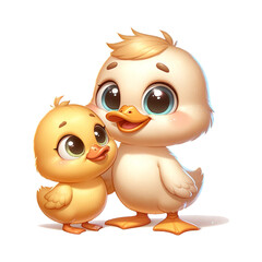 a cartoon baby duck with a friend, isolated on a white background.