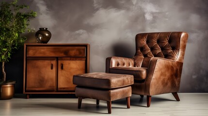 masculine brutal interior in dark colors with brown leather furniture