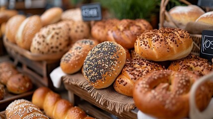 Obraz na płótnie Canvas Freshly baked bread and rolls on the bakery counter, a rich selection for every taste. Concept: aromatic baked goods, gluten and lactose free