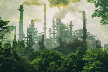 Fototapeta na wymiar double exposure green forest and factory