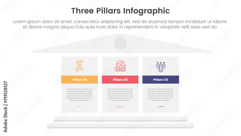 Wall mural three pillars framework with ancient classic construction infographic 3 point stage template with bi