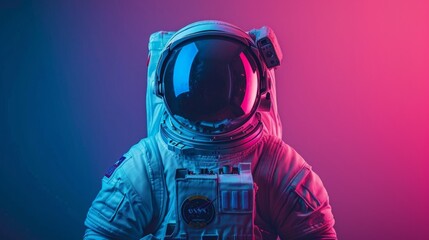 minimalist vivid advertisment background with handsome astronaut and copy space - obrazy, fototapety, plakaty