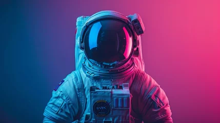 Rolgordijnen minimalist vivid advertisment background with handsome astronaut and copy space © olegganko