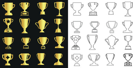 Gold Trophy Collection, cup Outline Icons, Winner Cups, Various Shapes, Sizes, Success, Victory, Vector Illustration, Black, White Backgrounds