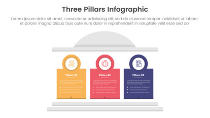 three pillars framework with ancient classic construction infographic 3 point stage template with creative block pillar and circle badge outline for slide presentation
