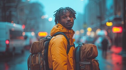 Obraz premium black african man in the street with backpack at the airport