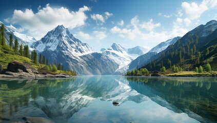 Fototapeta na wymiar Hyper Realistic painting of Lake and mountains reflection in water, Stunning winter landscape, A serene mountain lake mirroring the snow-capped peaks. Stunning photo. Generated AI.